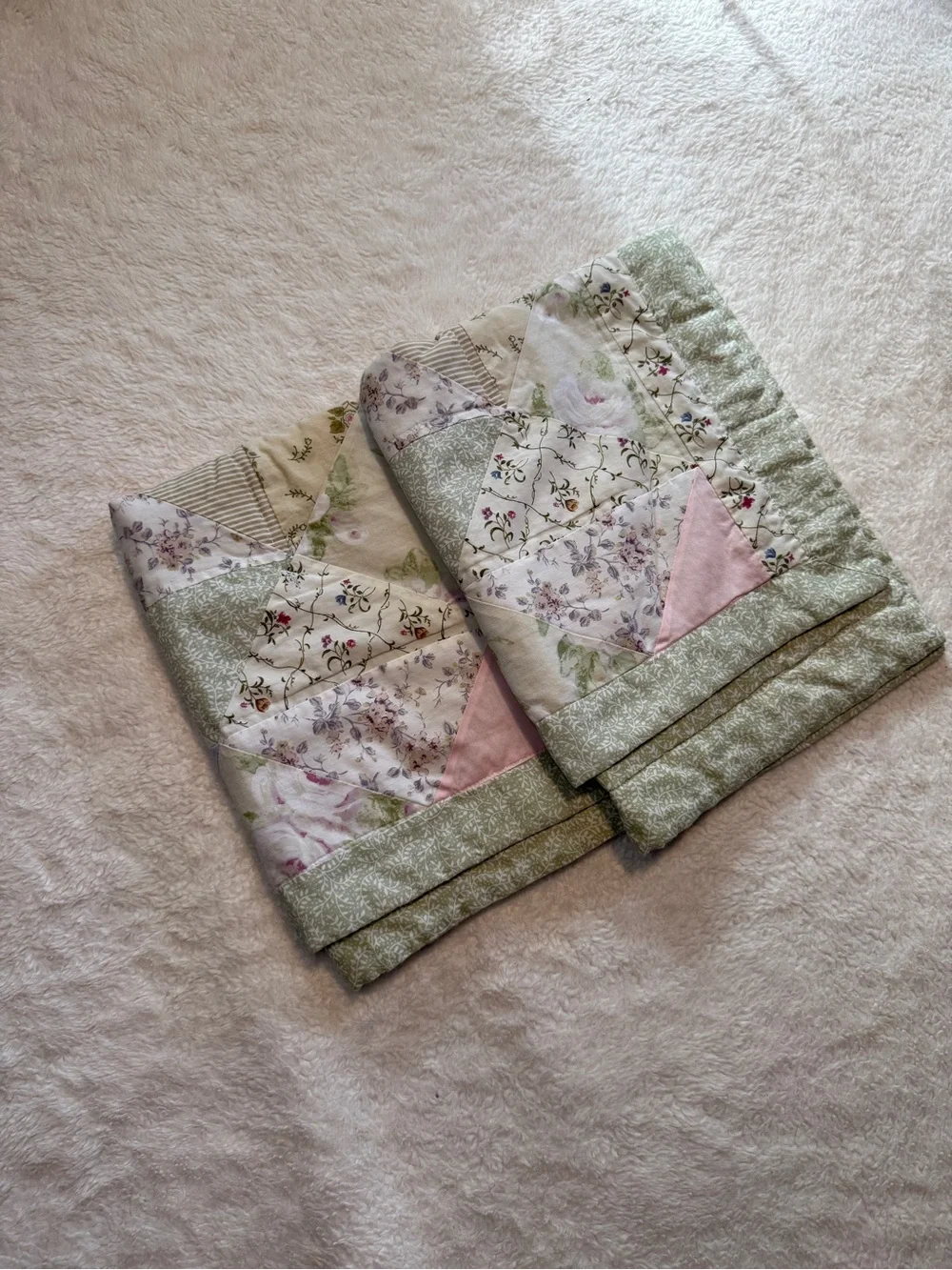 Quilted Handmade Patchwork Standard Size Pillowcases- Green & Pink